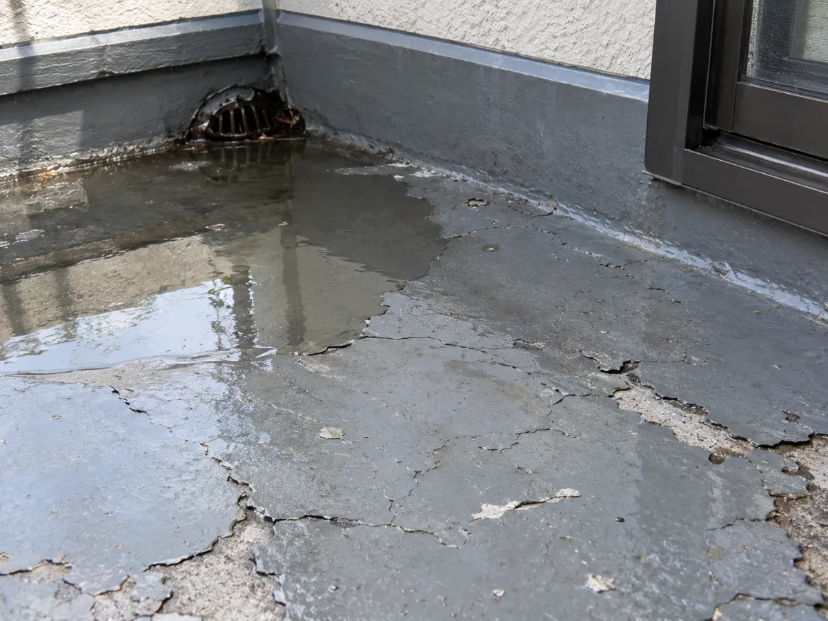 雨漏りの原因：ベランダ・屋上の防水劣化のイメージ
